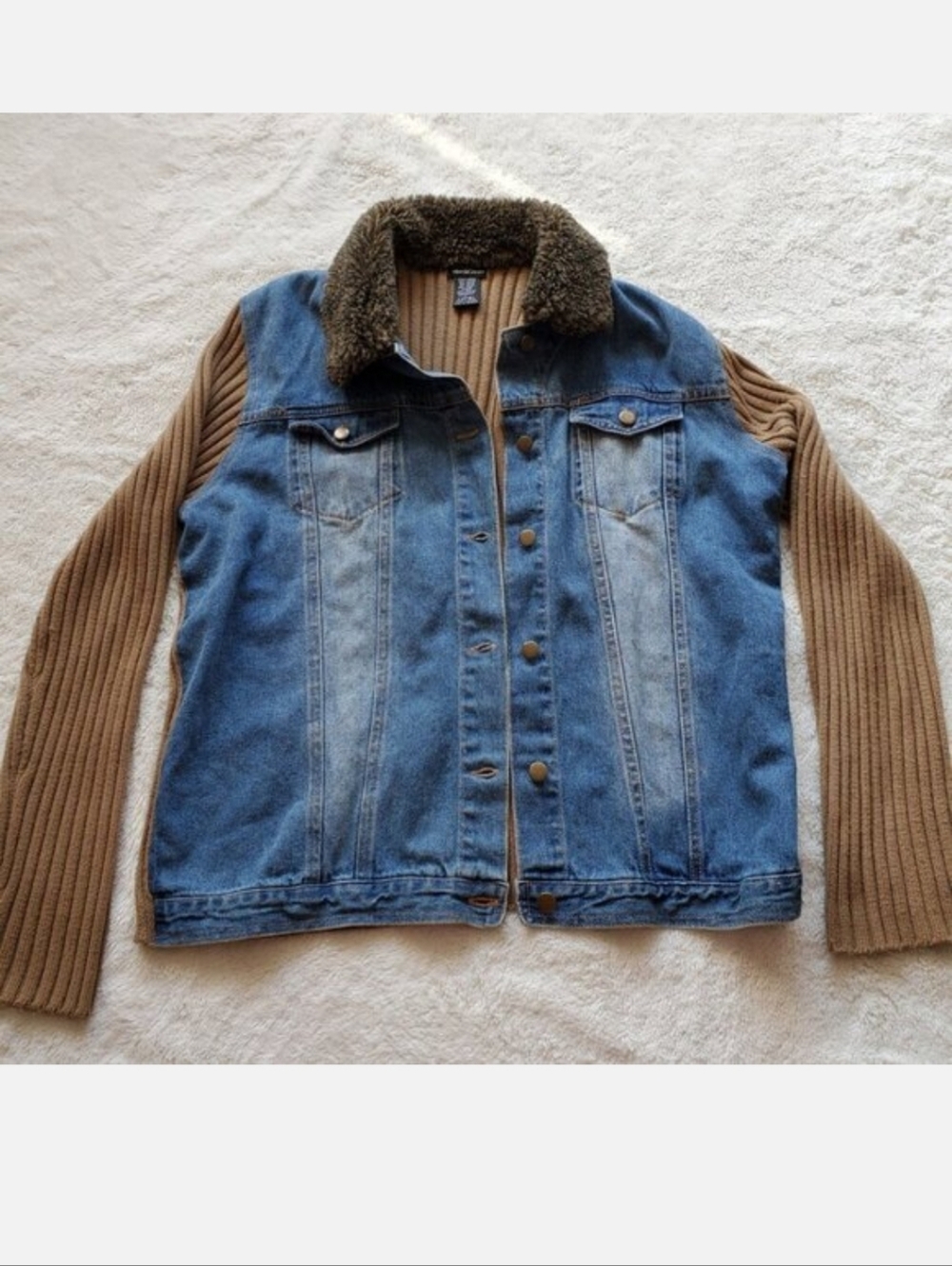 Vintage North Crest Denim Tan Sweater‎ Fur Collar Women Large Retro Y2K 90s Boho